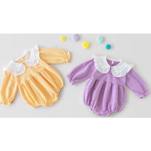 2021 New Baby Girl Bodysuit Solid Color Infant Long Sleeve Jumpsuit Cotton Autumn Newborn Clothes Simple Lace Collar Onesie