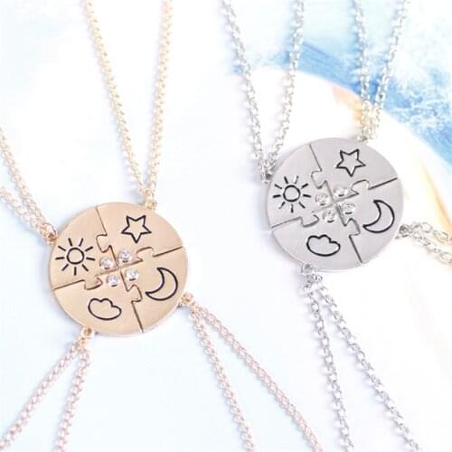 4-piece Set Best Friend Friendship Necklace Sun Moon Cloud And Star Inlaid Rhinestone Stitching BFF Pendant Fashion Jewelry Gift