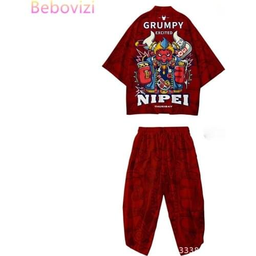 Two-piece Suit Plus Size XXS-6XL 5XL Loose Japanese Samurai Harajuku Kimono Cardigan Women Men Cosplay Yukata Tops + Pants Sets