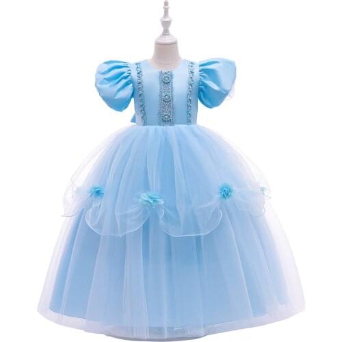 Girls Summer Dress for 3-10Years Blue Puff Sleeve Princess Dress Birthday Party Wedding Evening Dress Boutique Children Clothing