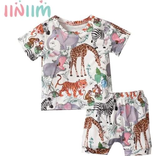 Iiniim Infant Baby Boys Girls Summer Clothes Outfits Short Sleeve Cute Animals Cartoon Printed Top with Elastic Waistband Shorts