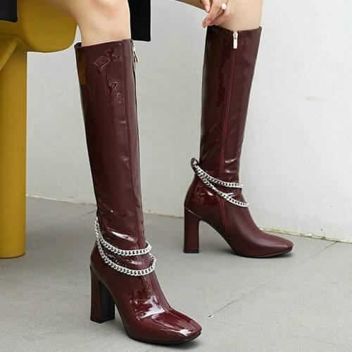 Fashion Faux Patent Leather Women Knee High Boots Square Toe Belt Zipper Ladies Square Root Winter Boots Black Knight Boots