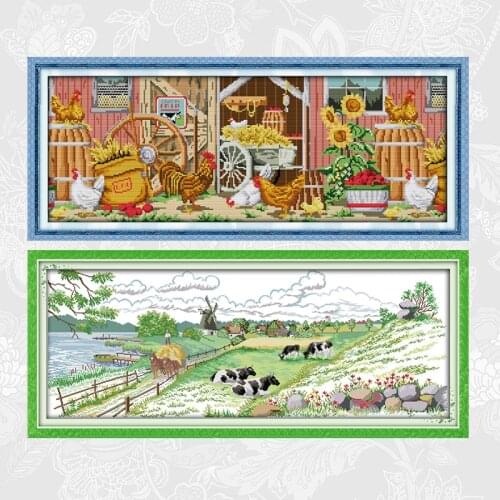 Joy sunday Farmhouse and Pasture Scenery Cross Stitch Sets Printed Aida Canvas 14ct 11ct Embroidery kits DIY Handmade Needlework
