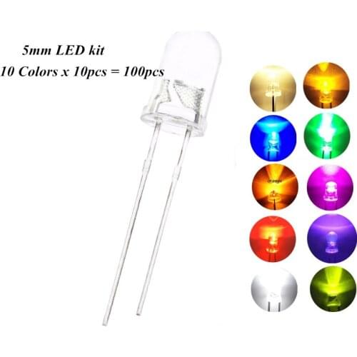 100PCS 5MM LED Kit Warm White Green Red Blue Yellow Orange Purple UV Pink Ultra Bright 20mA Water Clear Lamp Light