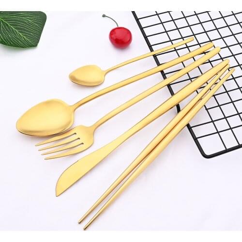 Gold Flatware Cutlery Set Dinnerware Tableware Matte 304 Stainless Steel Silverware Dinner Knife Fork Teaspoon Korean Chopsticks