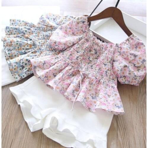 2021 New Baby Girls Summer Fashion Sets, Printed Top + White Shorts Wholesale 5 sets/lot