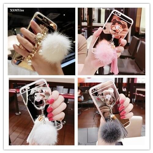 For iPhone 12 11 Pro MAX 7 Plus For iphone 8 Plus Luxury Soft Mirror Fur Ball Case For iPhone 6 6S Plus 5 5S SE X Xs Max XR Case