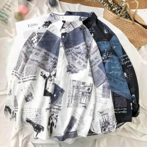 Shirts Men Blouse Trend Spring/autumn Personality Hong Kong Young Student Couple Geometric Letter Printing Long-sleeved Shirt
