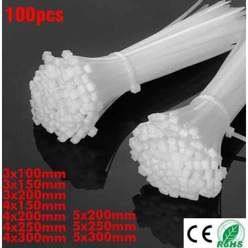 Self-Locking Plastic Nylon Wire Cable Zip Ties 100pcs White Cable Ties Fasten Loop Cable 3*100mm3*150mm4*200mm5*200mm4*300mm
