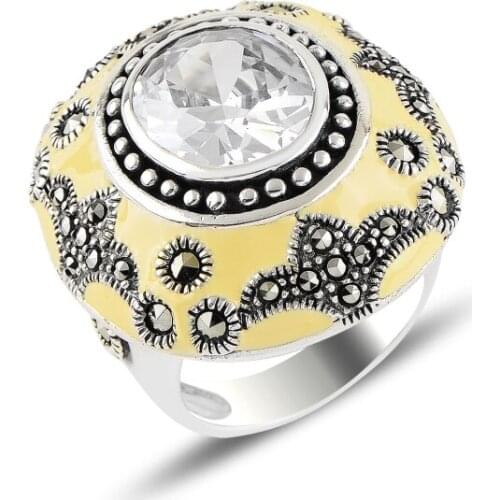Silver 925 Sterling Marcasite, Zircon Stone & Enamel Ring