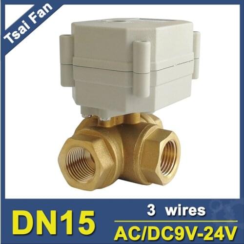 TF15-BH3-C Brass 1/2'' DN15 Horizontal 3 Way T/L Type Electric Water Valve AC/DC9-24V 3 Wires For HVAC Water Control