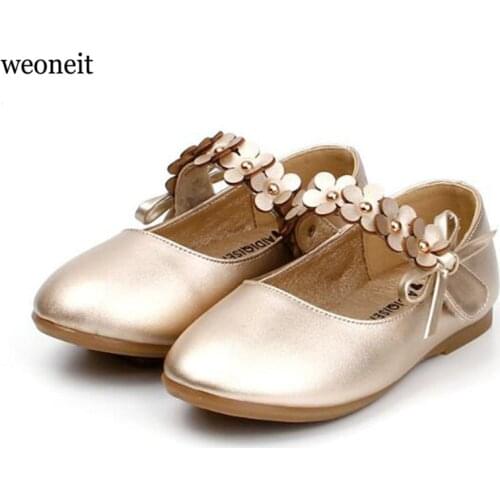 Weoneit Girls Shoes White Black Gold Princess Kids Students Shoes Children 's Flower Baby Dance Shoes Wedding Perform Shoe 21-30