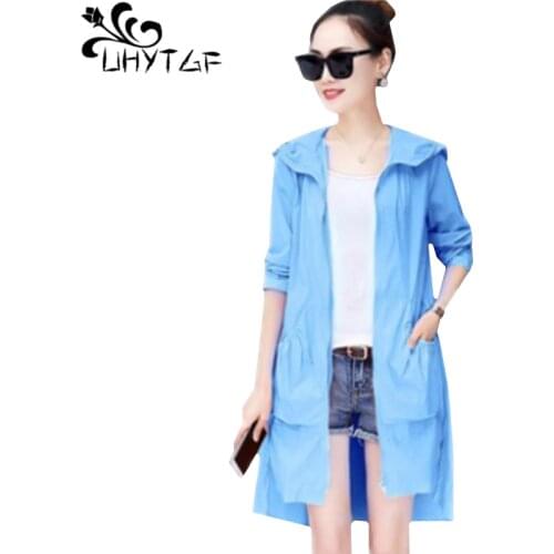 UHYTGF Mid-length Hooded summer Sun protection clothing Anti-UV Loose Women plus size coat Solid color Breathable thin coat 420