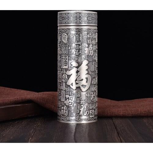 Hundred Blessing Vacuum Flask Sterling Silver 999 Health Care Water Bottle Travel Portable Pocket Good Luck Cup Men Women Gift
