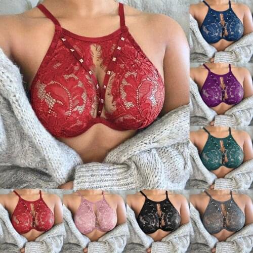 Womens Clothing Solid Color Hollow Lace Sexy Lingerie Lace Panties Underwea Plus Size Bra Transparent Топ Женский Mesh Bralette