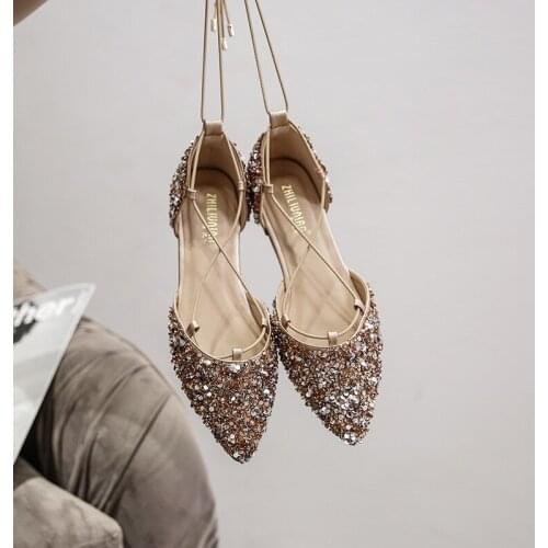 Women Luxury Rhinestone Ballet Flats Cross-Tied Lace Up Flat Shoes Woman Crystal D'orsay Wedding Shoes Glitter Mules Size 43