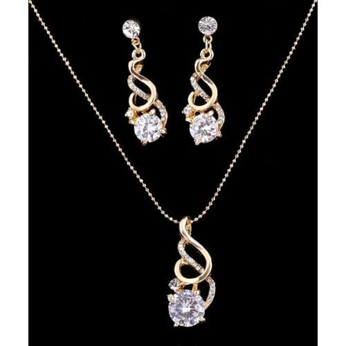 New 2 pcs New womens fashion Gold Color crystal pendant necklace earrings sets jewelry Trendy accessories gift jewelry set