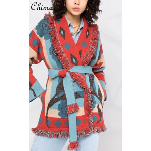 European Style Autumn Winter Sweaters Fashion Long Sleeve Exquisite Flowers Jacquard Cardigan Mid-Length Cashmere Coat for Women