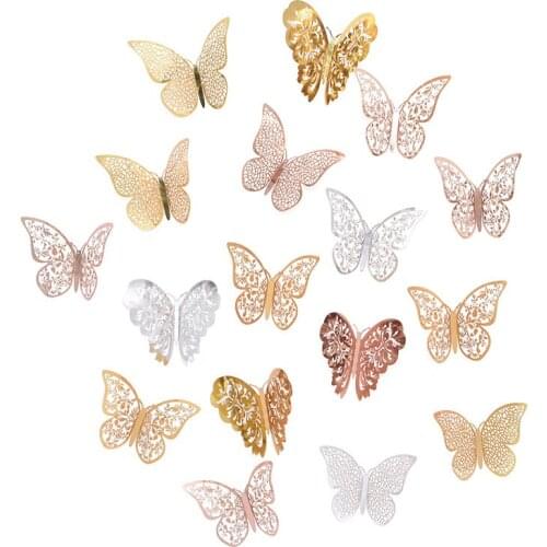 12Pc Beautiful Rose Gold Silver 3D Hollow Butterfly Wall Sticker For Wedding Birthday Party Home Kids Room Decoration Wall Decal