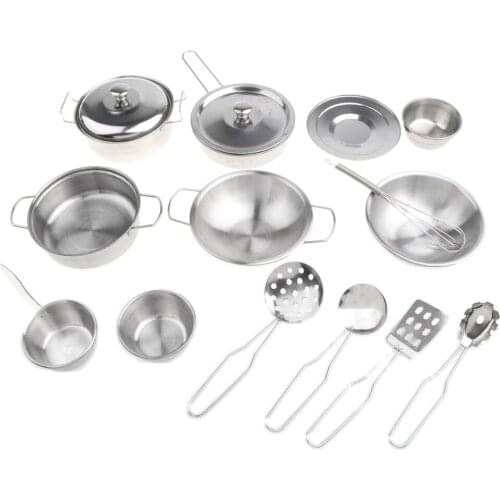 16pcs Stainless Steel Cookware Kitchen Toy Kids Pretend Play House Sets