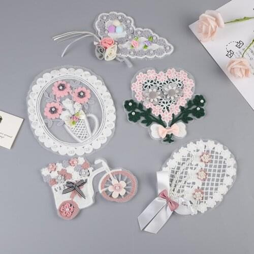 3D Flower Embroidery Patches Bridal Lace Sewing Fabric Applique Beaded Tulle DIY Wedding Dress Accessory Decor 1PC