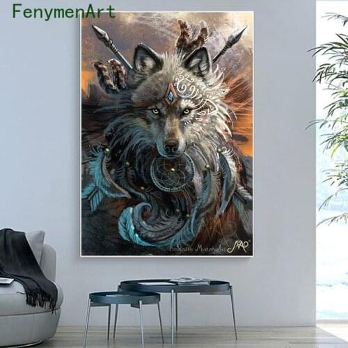 Abstract Wolf Deer Canvas Painting Colorful Leaves Feather Animals Poster Print Modern Wall Art Picture Room Home Decor