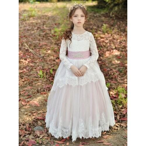 Flower Girl Dresses With Bow Applique Crystal Lace Up Ball Gown First Communion Birthday Wedding Party Dress for Girls Clothes