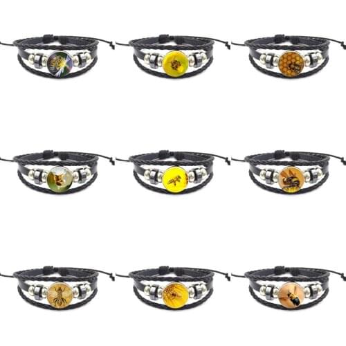 EJ Glaze For Girls Gifts Fashion Glass Cabochon Black Leather Bracelet Bangle Vintage Honey Bee