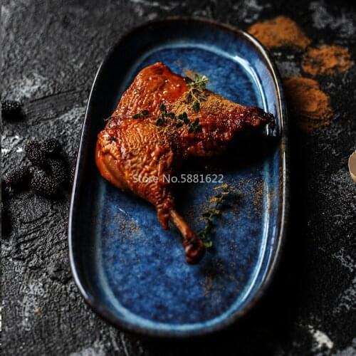 Ceramic Deep Blue Oval Long Plate Fish Chicken Wing Bar Tableware