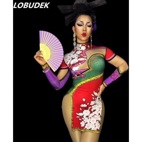 Gold Crystals 3D Printed Short Dress Sexy Female Singer Dance Stage Outfit Sexy Slitting Cheongsam Nightclub Bar Dancer Costumes