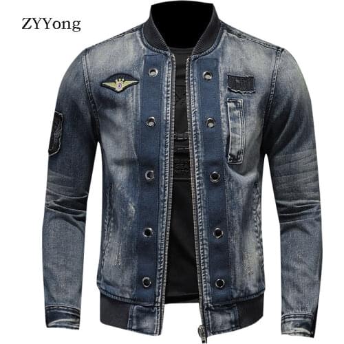 European Style Stand Collar Patch Bomber Pilot Blue Denim Jacket Men Jeans Coats Motorcycle Casual Outwear Clothing Overcoat