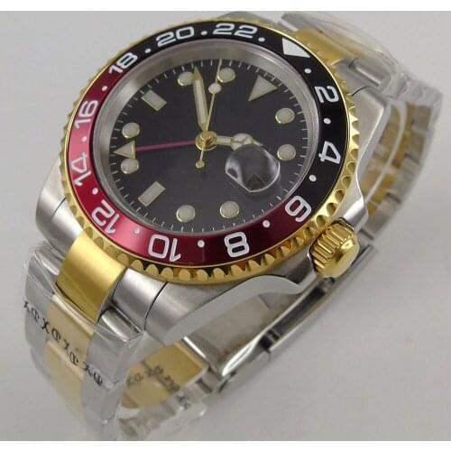 40MM Sterile Dial Sapphire Glass Yellow Gold Plated Black Red Bezel Date Glass Case Back GMT Automatic Mens Wristwatch