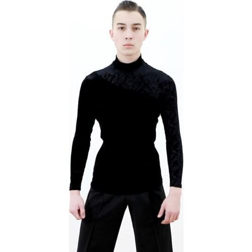 2020 Adult Male Latin Dancing Tops High Collar Black Velvet Tops Men Winter Practice Wear Ballroom Tango Competition Shirt 2187