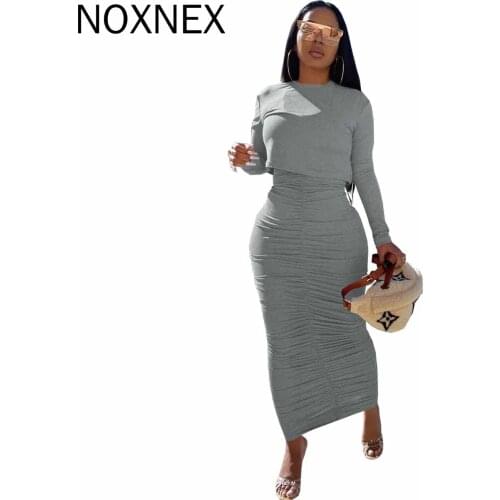 NOXNEX Women Dress Long Sleeve Dress Sets Sexy Autumn Winter Solid Casual Basic Bodycon Slim Maxi Dress For Women Dress Suits