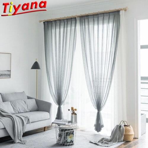 Solid Grey Linen Tulle Curtains for Living Room Sheer Tulle for Kitchen Balcony Customizable White Yarn W-HM477*VT