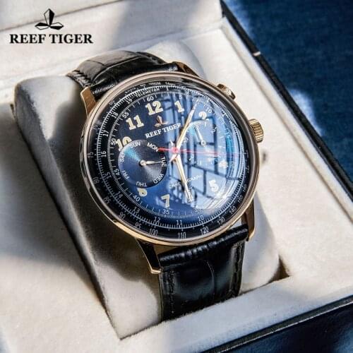 Reef Tiger/RT Top Brand Men Mechanical Watch Genuine Leather Strap Business Watches Luminous Waterproof Automatic Watch