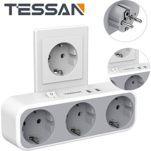 TESSAN European Alargador Enchufe Outlets Extender 3 Outlets and 2 USB Extension Socket USB Charging Ports On/Off Switch Home