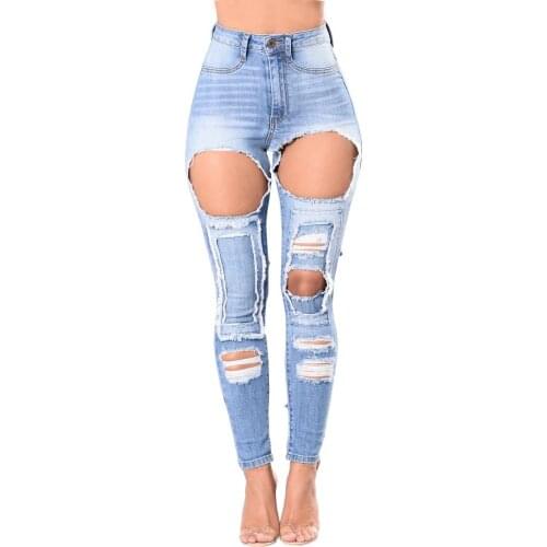 Ripped Blue Jeans Autumn Womens High-waist Fashion Stretch Skinny Pencil Pants Hot Sale Promotion Price Free Shipping