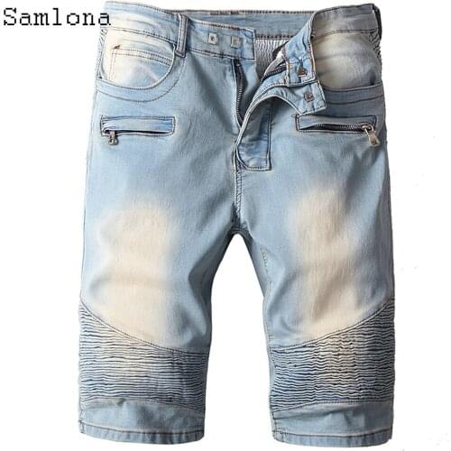 Samlona 2021 New Patchwork Straight Shorts Jeans Men Fashion Zipper Cuff Half Pants Casual Work Muscle Man Clothing Denim Shorts