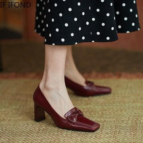 IF IFOND Fashion Elegant Bow Red Women Pumps Office Lady Thick Heels Working Shoes Concise Shallow Solid Square Toe Dress Shoes