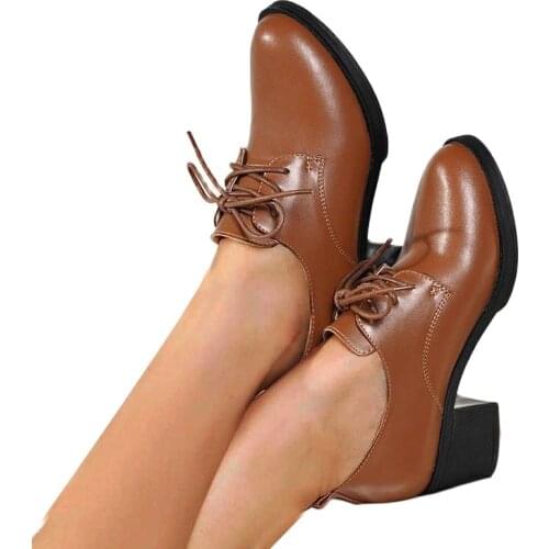 LIHUAMAO Soft PU leather women high heel lace up pointed toe square heel oxford shoes outdoor walking shoes casual sneaker