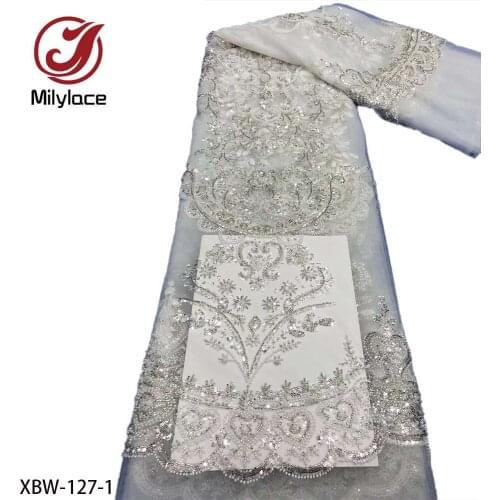 High Grade African Wedding Tulle Lace Fabric Full Tube Beads Lace Sequins Embroidery French Net Lace for Evening Dress XBW-127