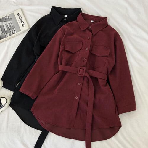 Vintage Long Corduroy Jacket With Belt Women Long Sleeve Turn-Down Collar Oversized Coats Casual Basic Outwear