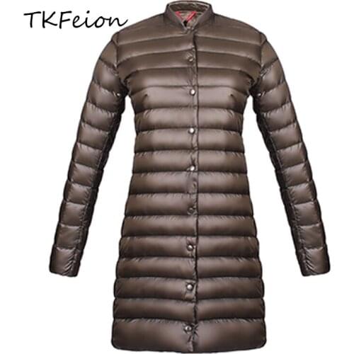 Women Autumn Jacket Duck Down Lightweight Thin 2019 Spring Fashion Female Slim Midi Long Coats Stand Collar Ladies Button Jacket