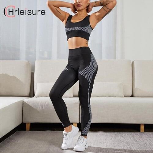 CHRLEISURE 2 Piece Tight Crop Top Bra Vest Leggings Women High Elastic Fitness Sportsuit Outfit Fitness Gym Sets Seamless Set