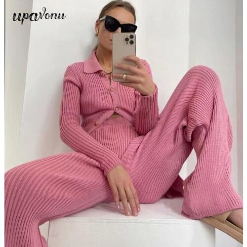 Free Shipping 2021 Casual Ladies Slim Knit Sweater Set Lapel Long Sleeve Single-breasted Cardigan Sweater & Pants Two-Piece Set