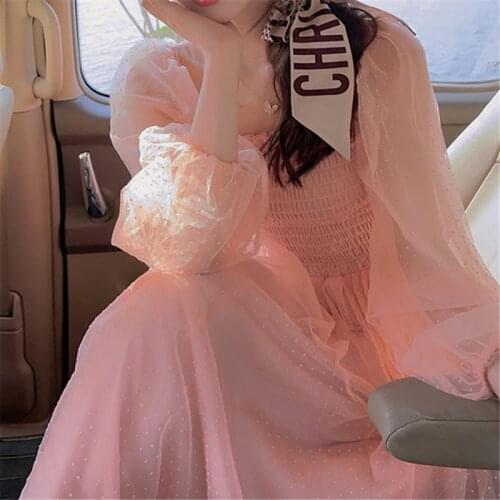 Summer Chiffon Dress For Women2021 Korean Fashion Casual Long Sleeve Floral High Waist Dress Vintage Aesthetic Midi Dress