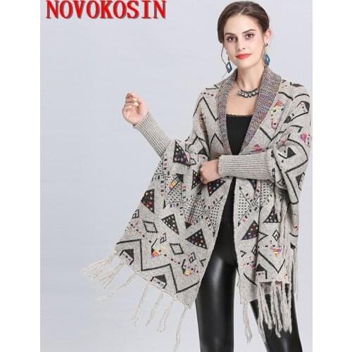 2019 Outside Streetwear Geometric Printed Cloak Winter Knitted Thick Tassel Poncho Women Long Sleeves Pashmina Warm Shawl