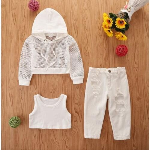 Children Girl Solid Color 3pcs Clothes Set Long Sleeve Hollow Out Hoodie +Sleeveless Vest+Ripped Trousers Toddler Tracksuits