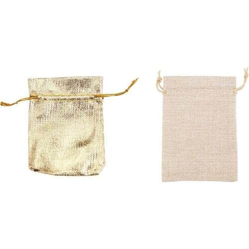 50Pcs Gold Foil Organza Bag Candy Gift Bags 7X9cm with 40Pcs Burlap Bags with Drawstring, 13X10cm